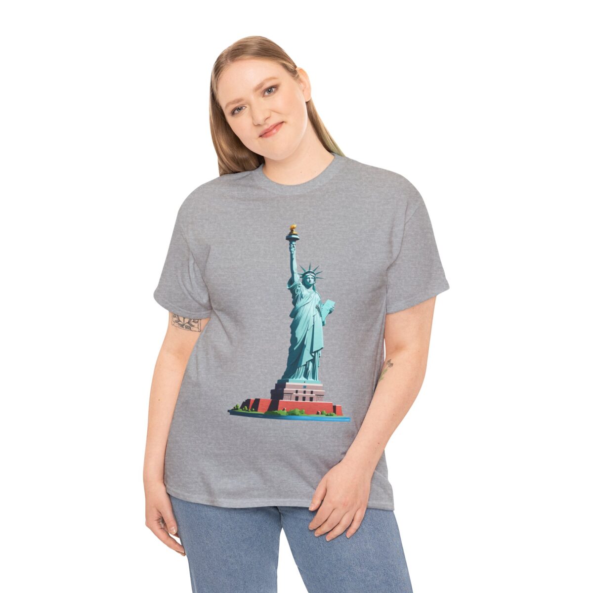 Woman wearing a New York State T Shirt featuring the Statue of Liberty design