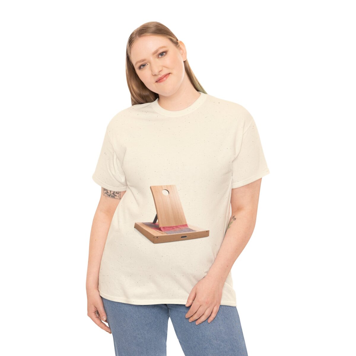 Woman wearing a Cornhole T Shirt​​ with a unique cornhole design.