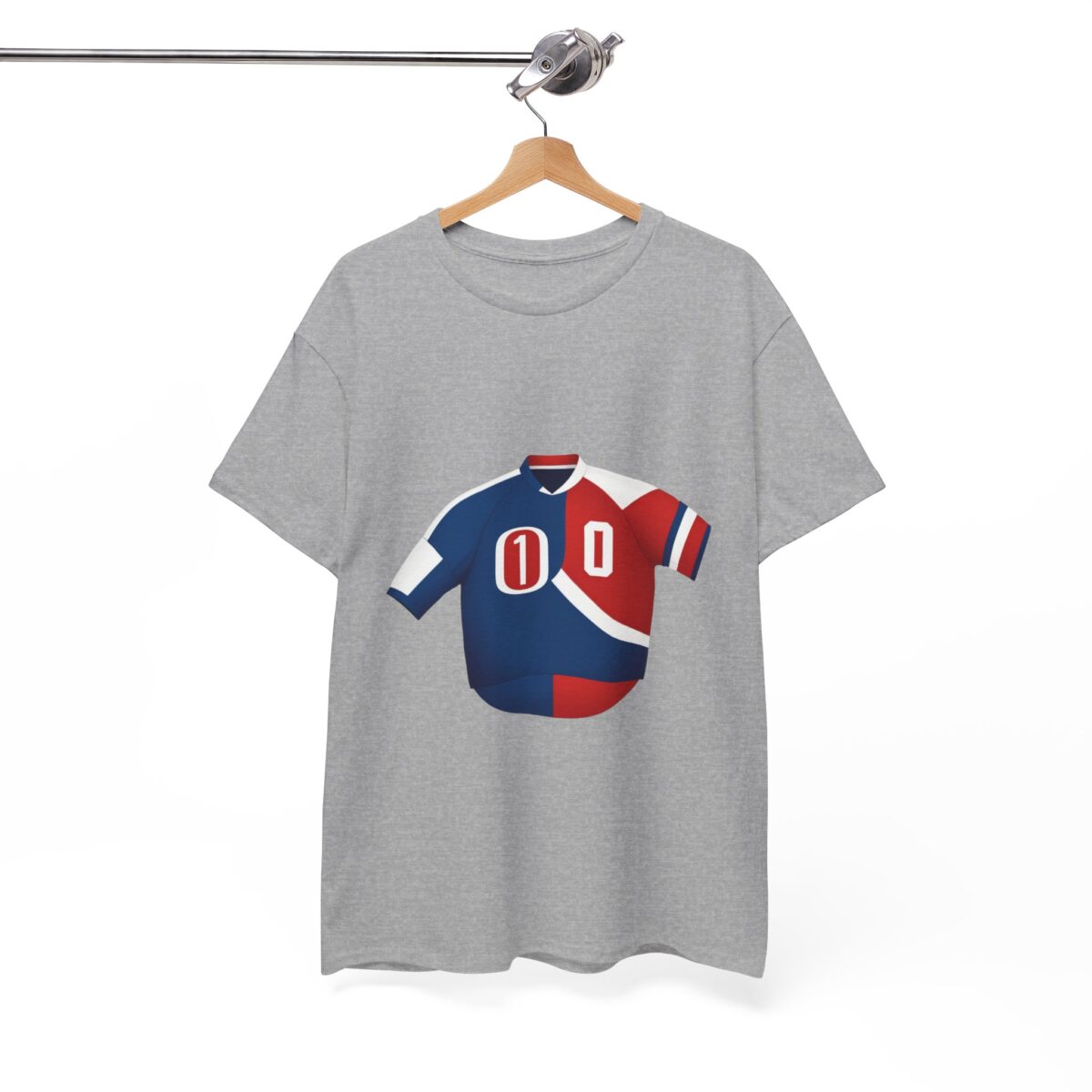 Gray t-shirt with a bold graphic jersey design featuring red, blue, and white, displayed on a hanger.