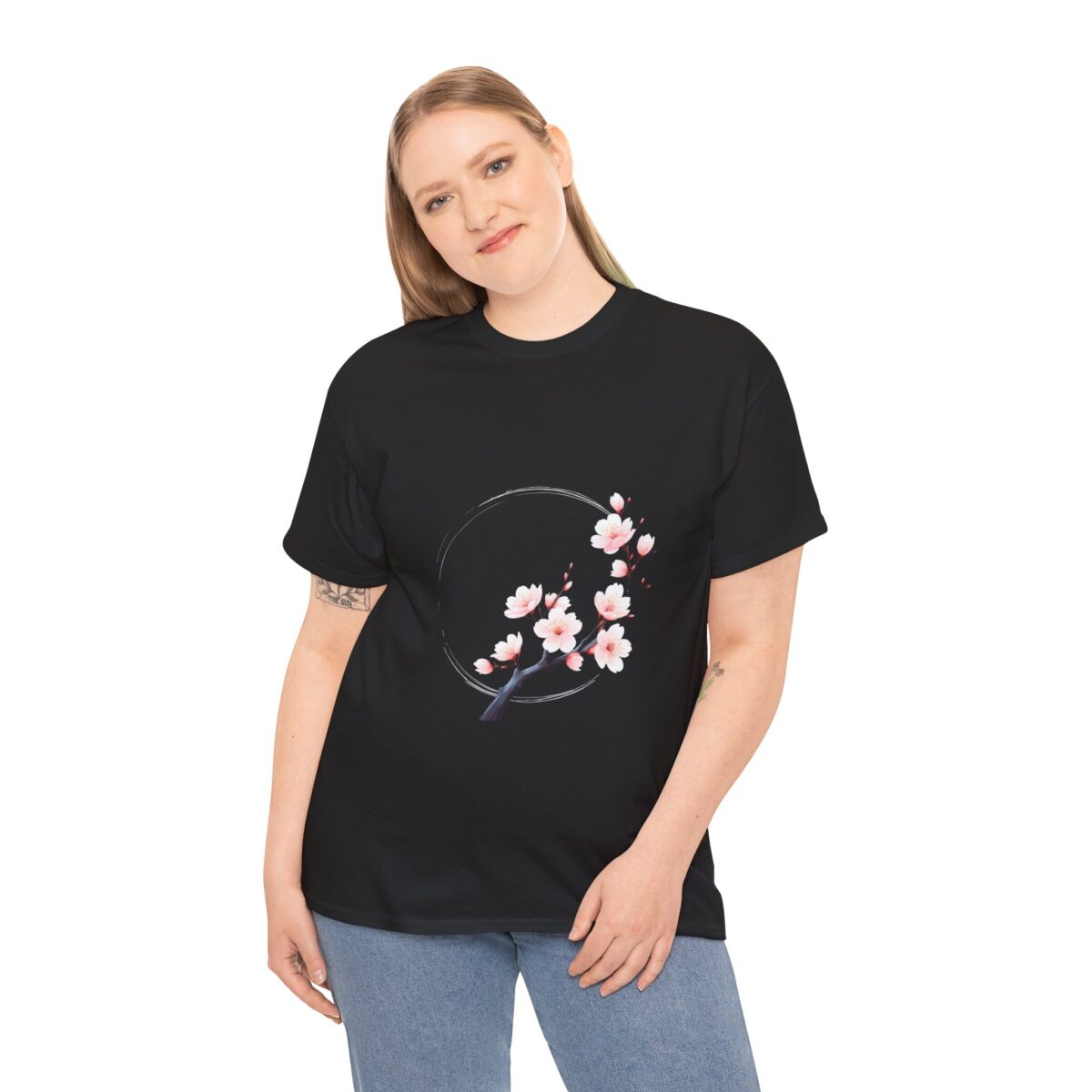 Woman wearing Japanese T Shirt with cherry blossom design