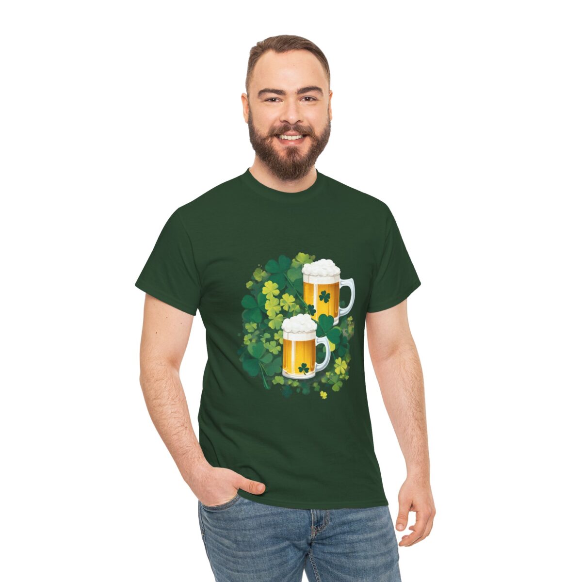 Man wearing a green Paddy’s Day t-shirt with beer mugs and shamrocks design.