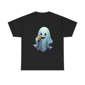 Ghost T Shirt featuring a cute ghost holding a pumpkin on a black background