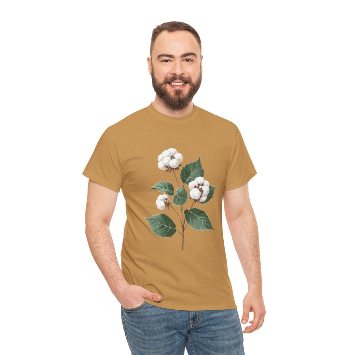 Heavy Cotton T Shirt with floral cotton design worn by a smiling man