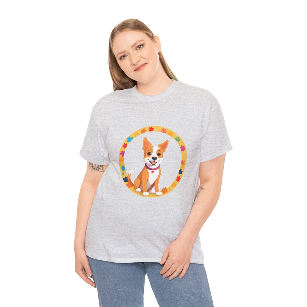 Woman wearing Dog T Shirts For People with a cute dog design framed in vibrant colors