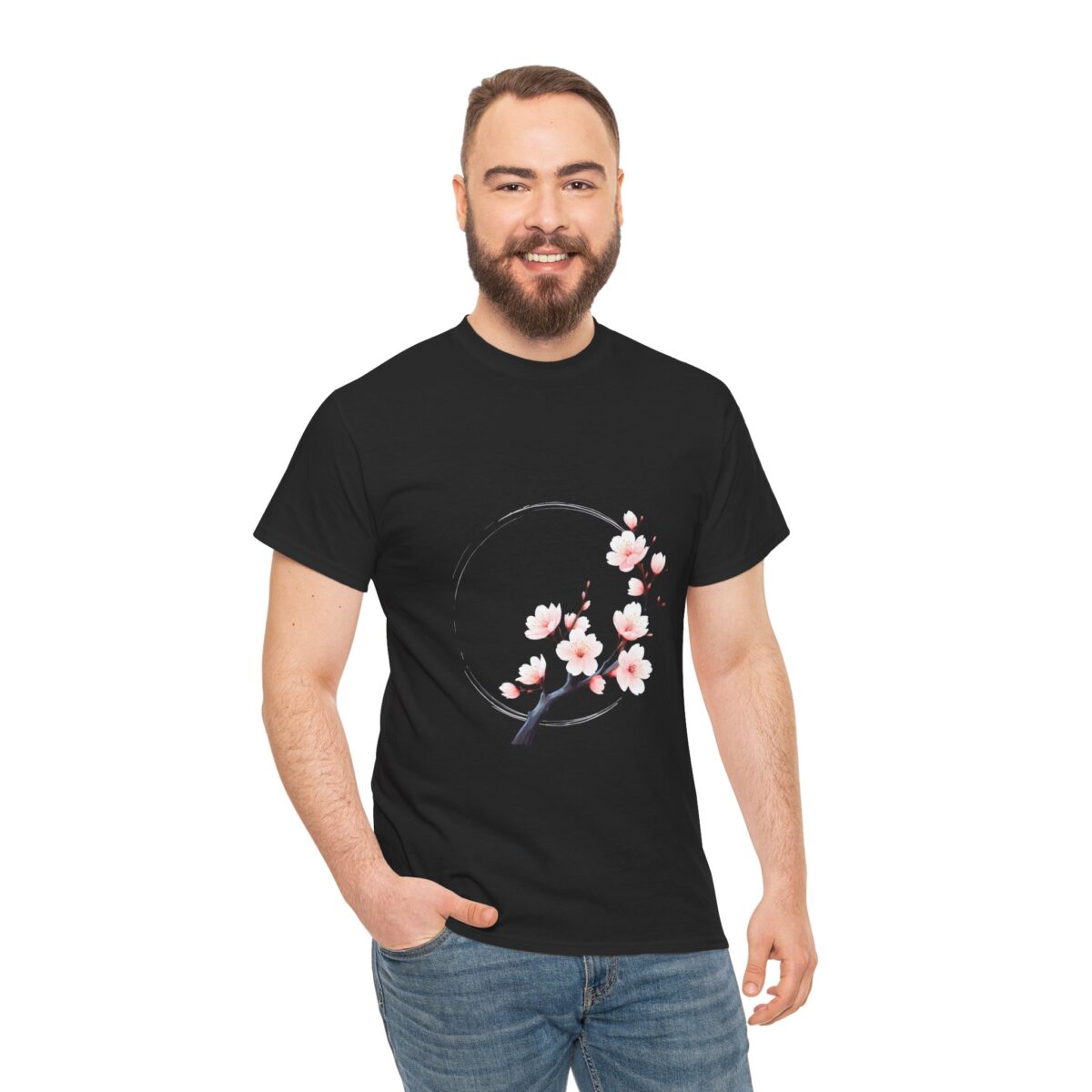 Man wearing Japanese T Shirt with cherry blossom design