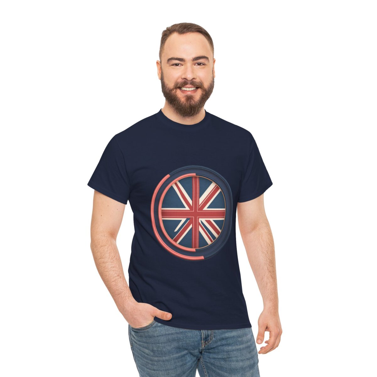 Man wearing a Medium T Shirt UK with a bold Union Jack-inspired design