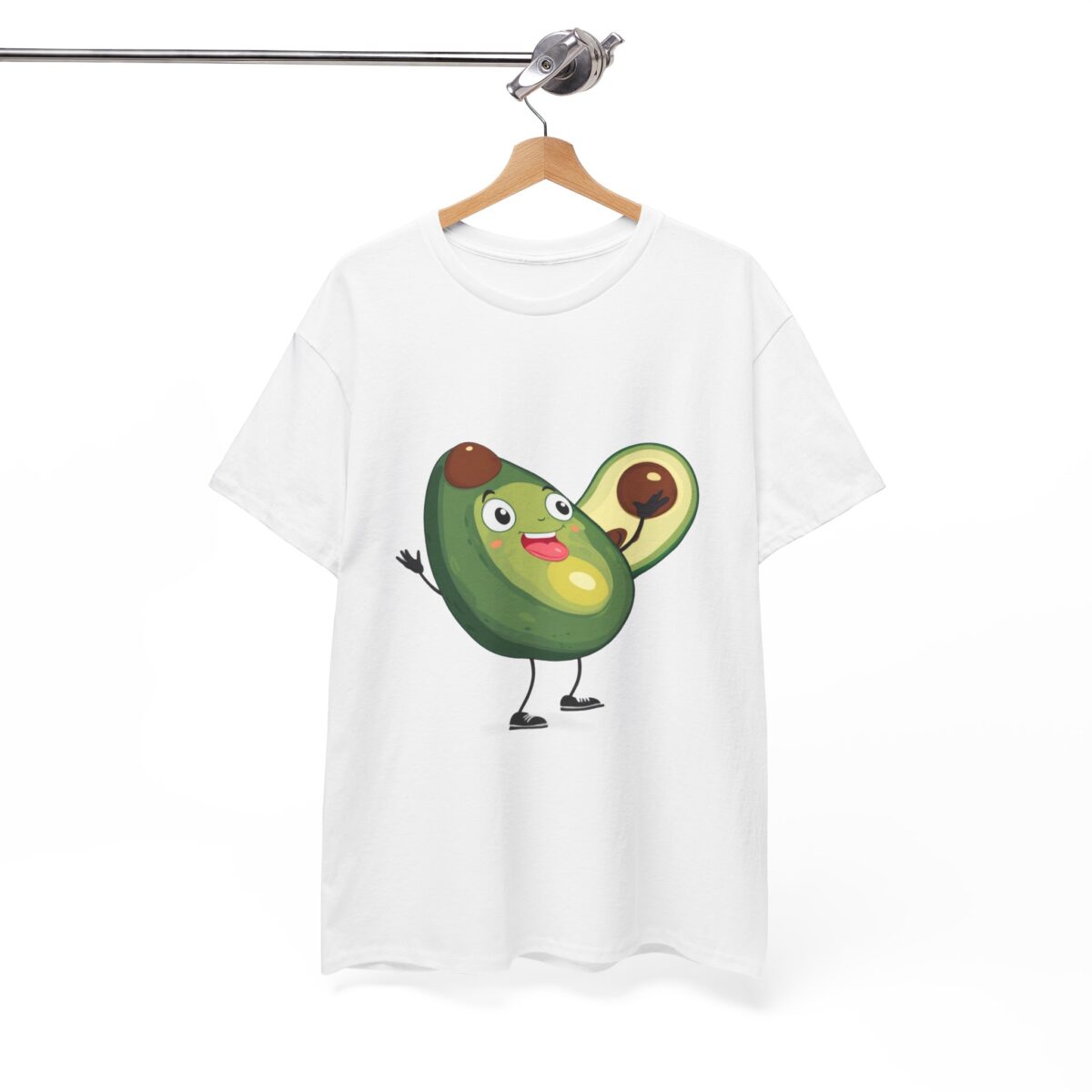 Funny T Shirts Shirts hanging on a wooden hanger, featuring a smiling avocado design.