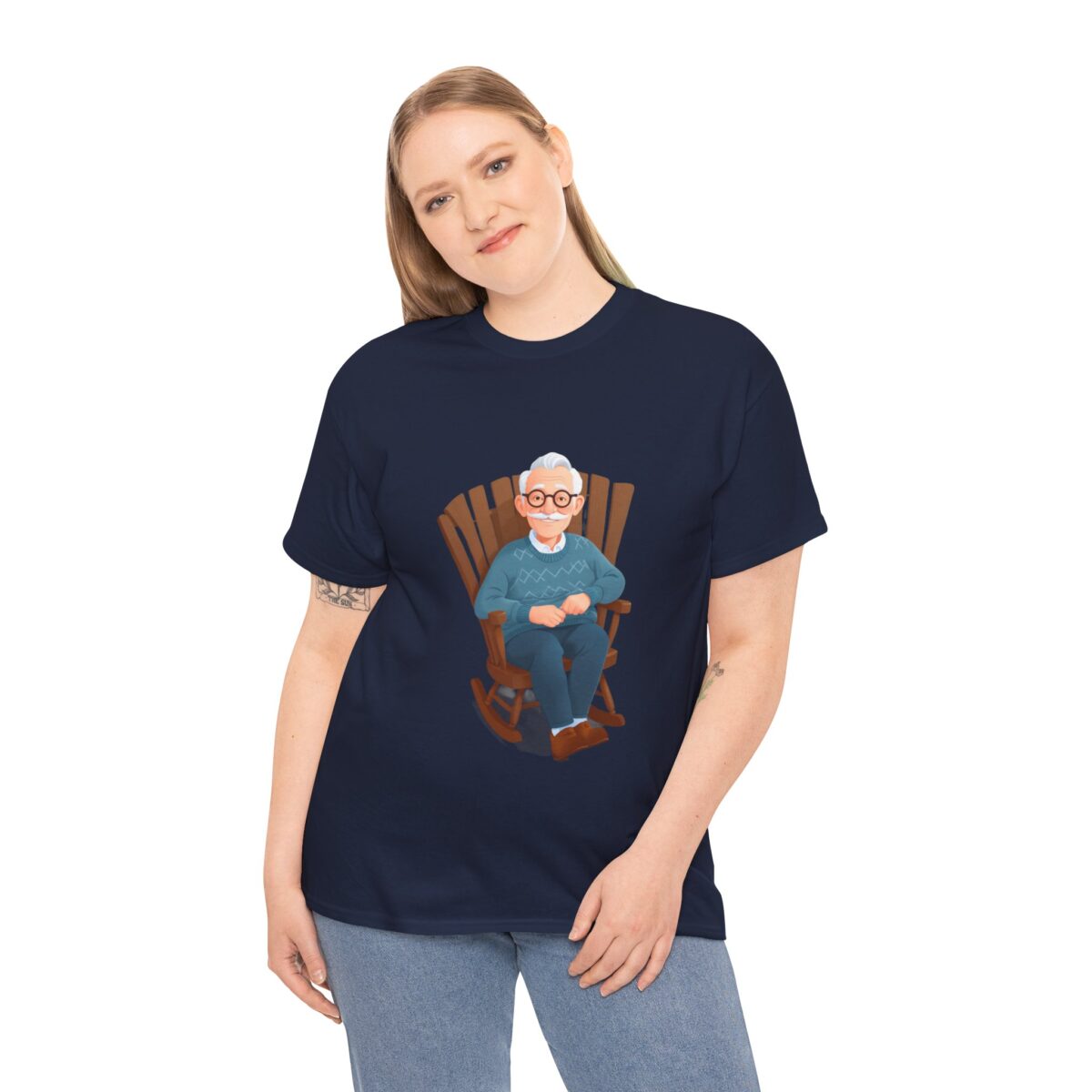 Woman modeling Grandad T Shirts with a rocking chair illustration