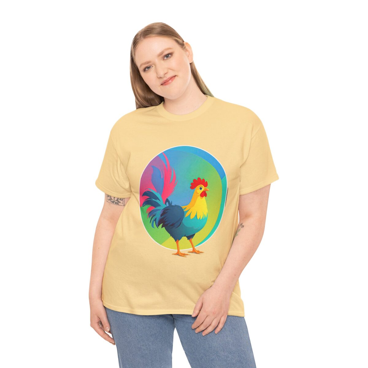 Woman wearing a Chicken T Shirt​ with a colorful rooster design.