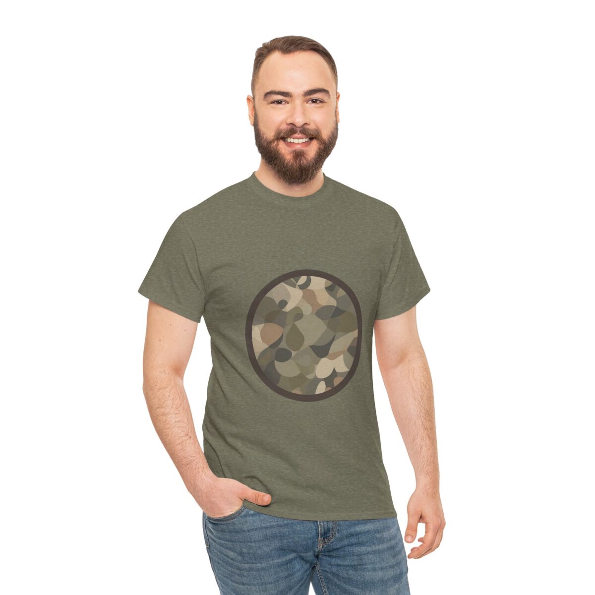 Man wearing a Camo T Shirt​ with a bold camouflage design