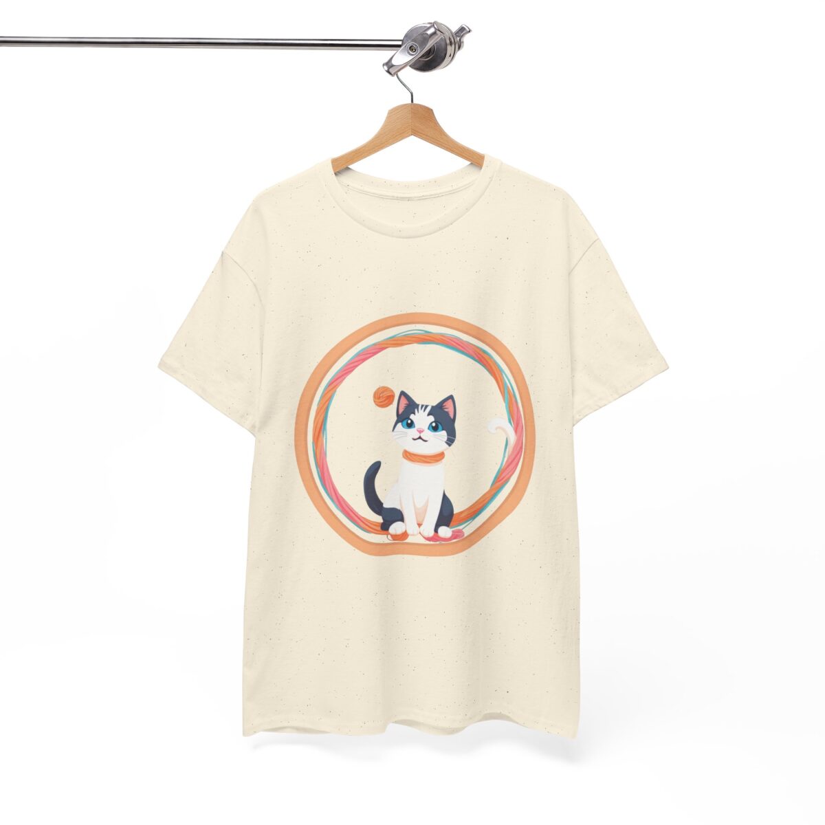 Cat T Shirt on a hanger with a playful feline design in a circular pattern