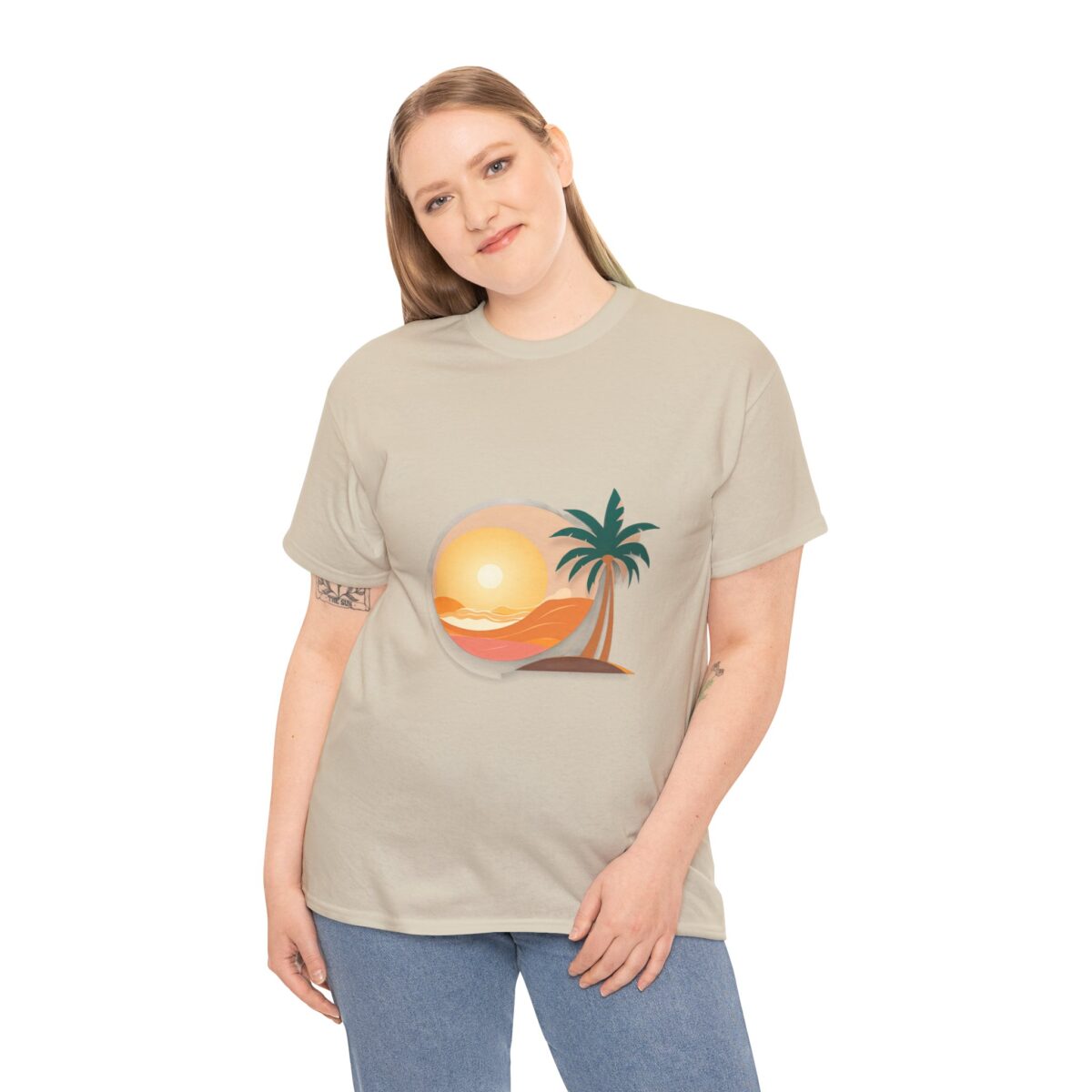 Woman wearing a Beach T Shirt with a sunset and palm tree design.