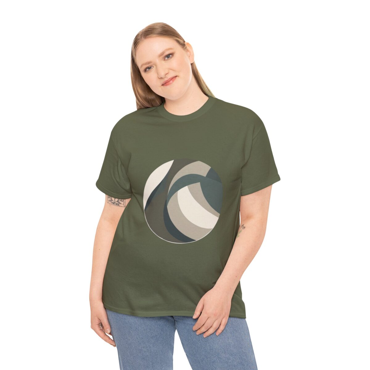 Woman wearing a green Camo T Shirt with a circular design