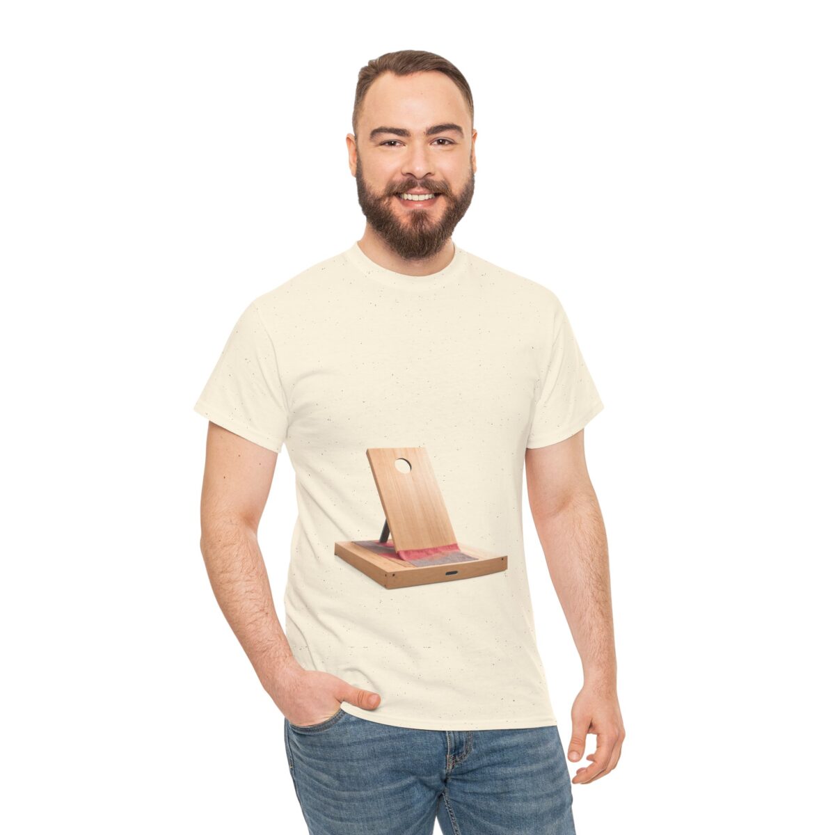 Man wearing a Cornhole T Shirt​​ with a unique cornhole design.