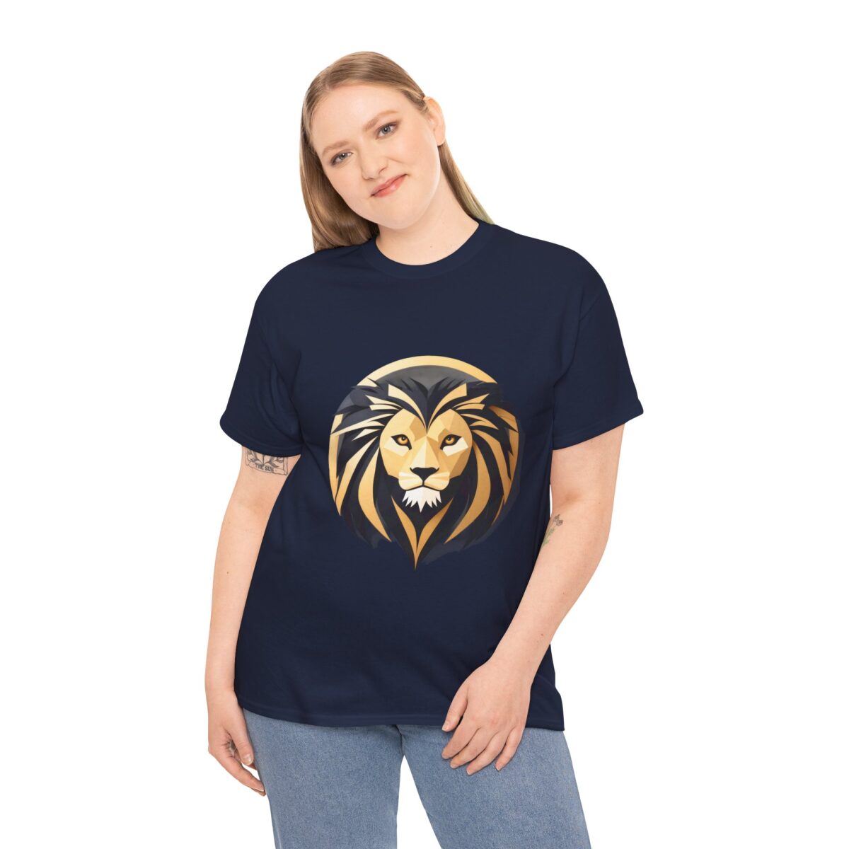 Woman wearing a 3XL t-shirt with a bold lion emblem.