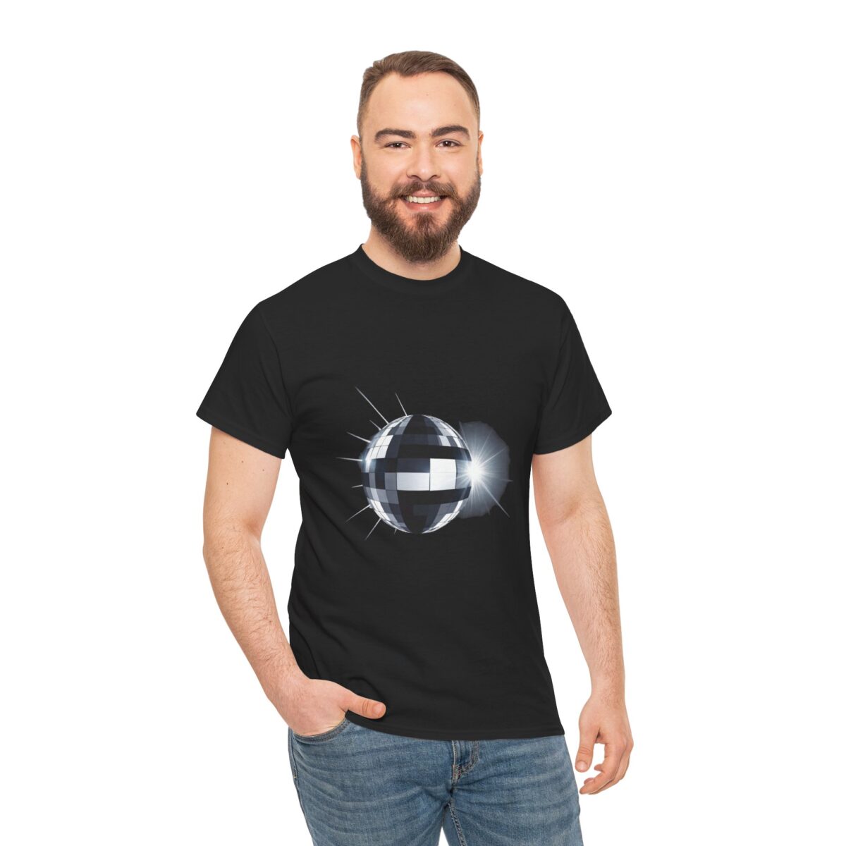 Man wearing a black Disco T-Shirt with a reflective disco ball design.