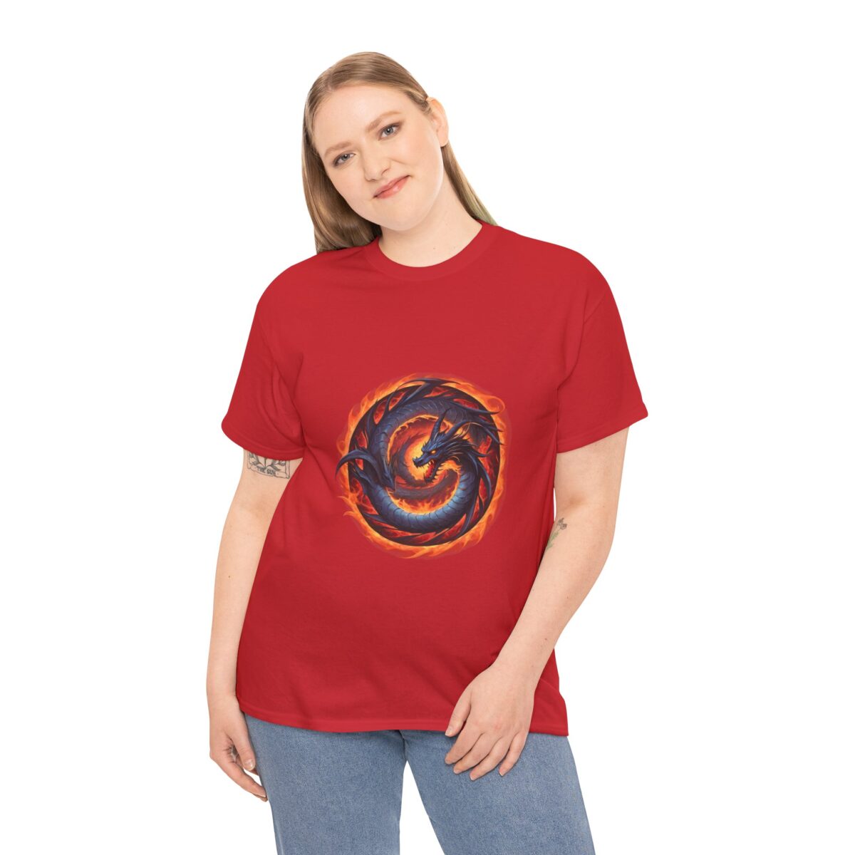 Woman wearing a Dragon T Shirt with fiery dragon graphic design.