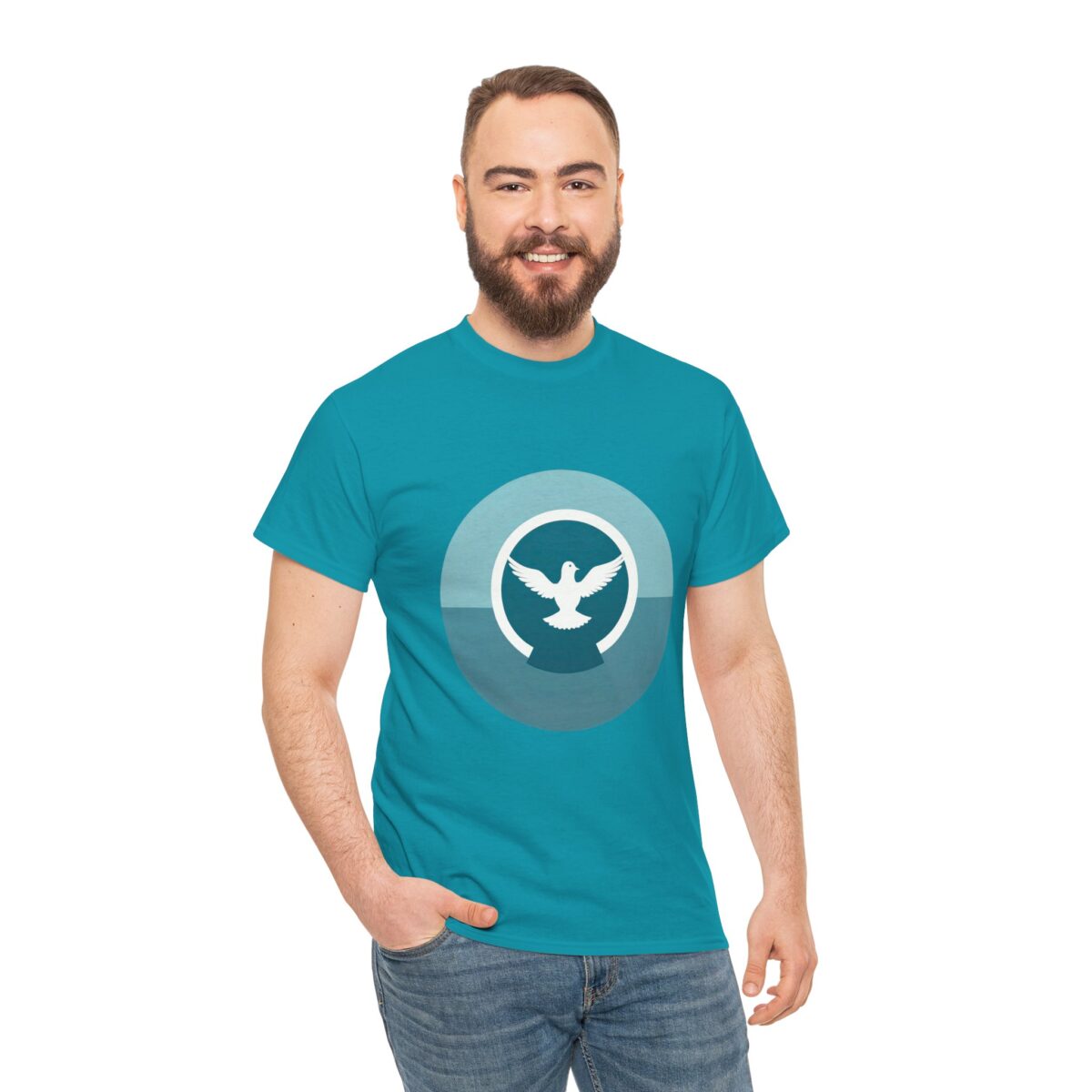 Man wearing a Christian Graphic T Shirt​ with a minimalist dove design.