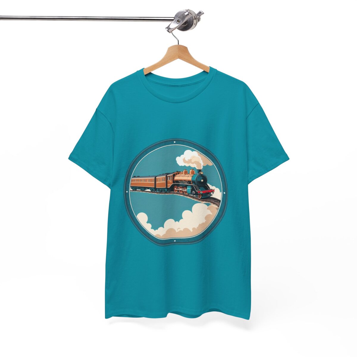 Vintage T Shirt with retro train design on a hanger