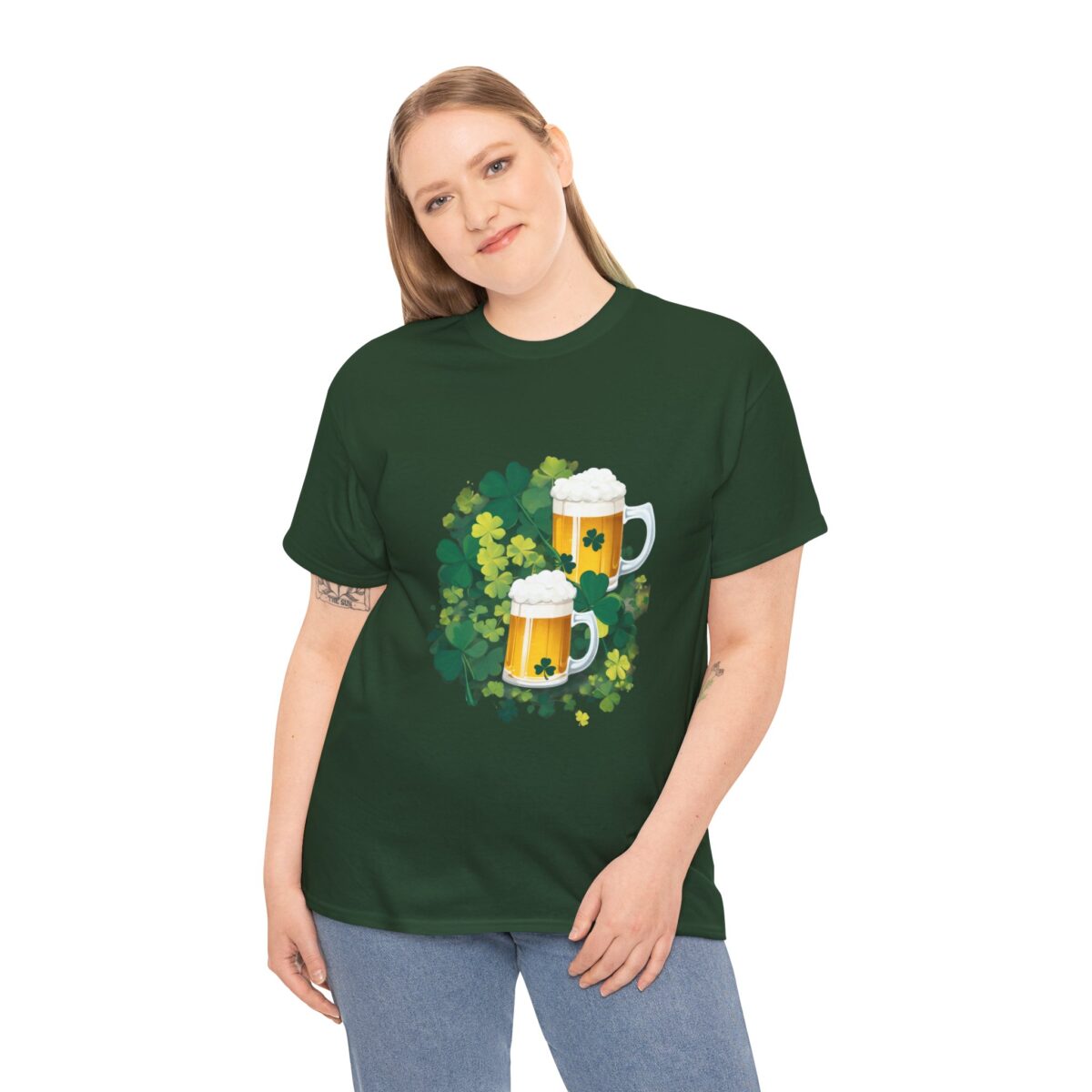 Woman wearing a green Paddy’s Day t-shirt with beer mugs and shamrocks design.