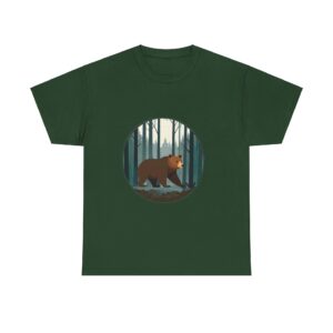 Bear T Shirt with a unique bear and forest graphic on a green background