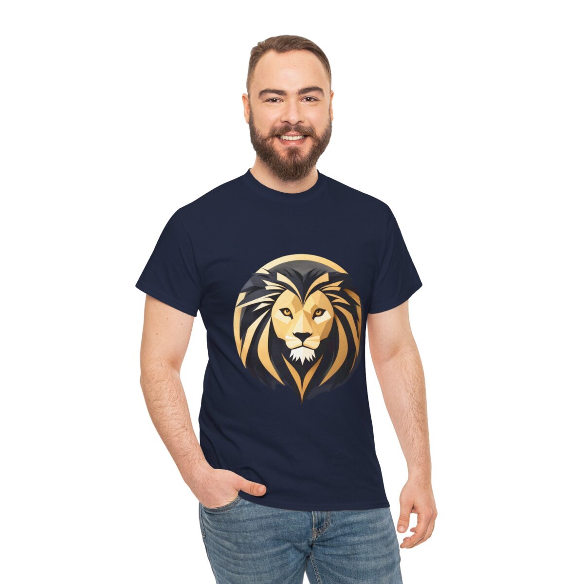 Man modeling a navy 3XL t-shirt with a striking lion graphic.