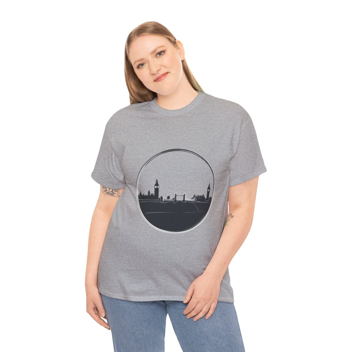 Woman wearing a London T-Shirt with a circular design featuring the London skyline.