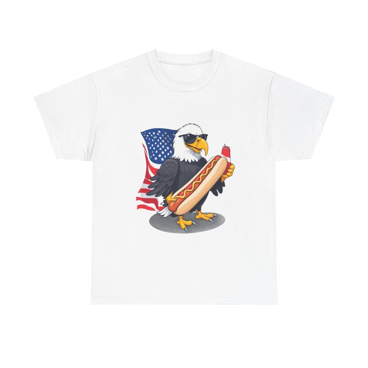 Funny USA T Shirts featuring a bald eagle holding a hot dog and soda.