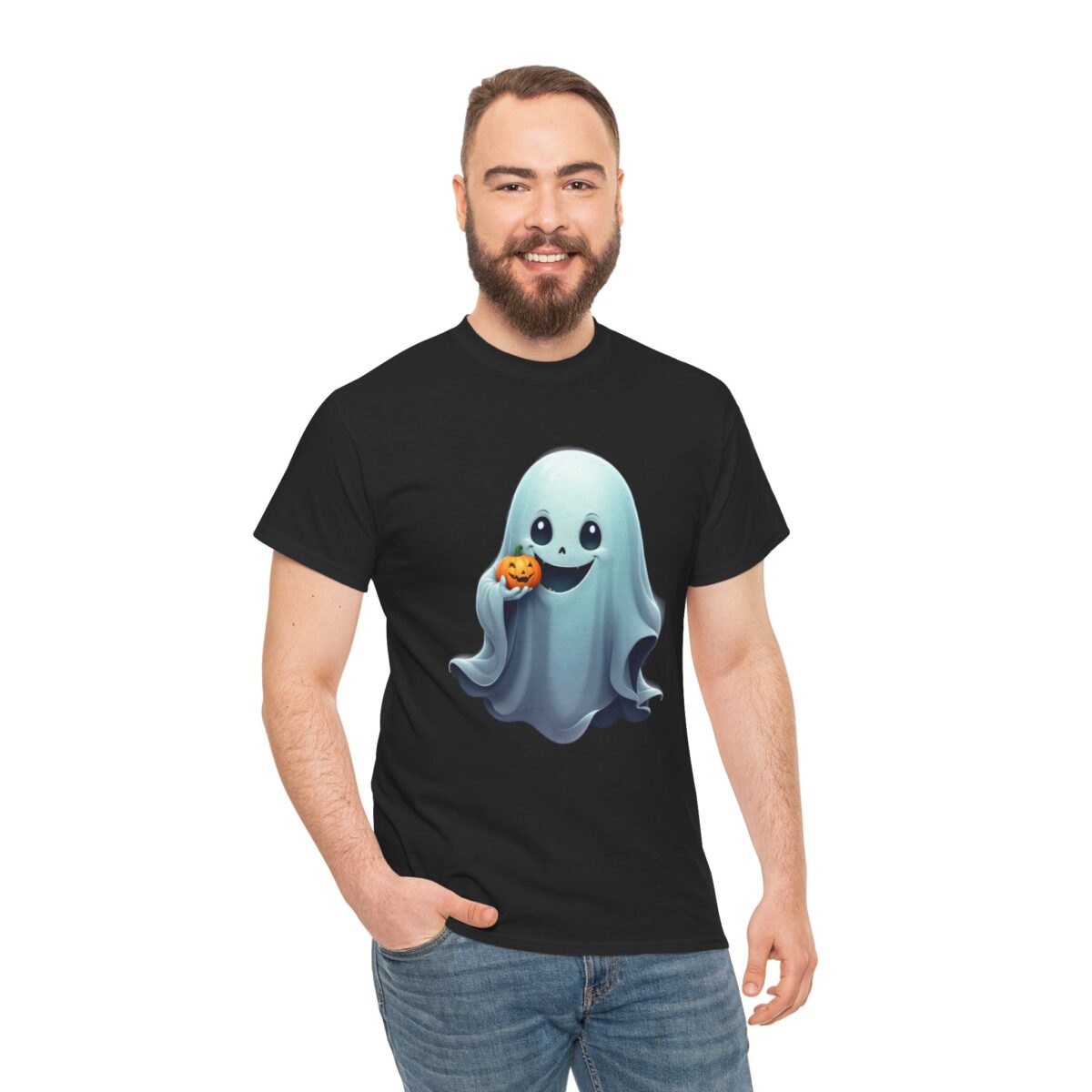 Man wearing Ghost T Shirt showcasing a ghost holding a pumpkin on a sleek black background