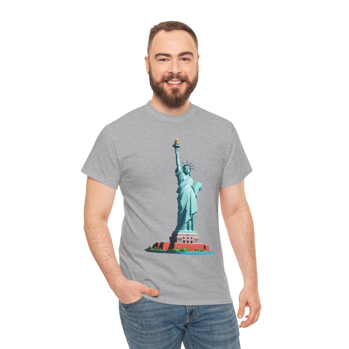 Smiling man wearing a New York State T Shirt featuring the Statue of Liberty design