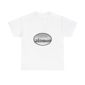 White T-shirt with an oval Brooklyn skyline graphic.