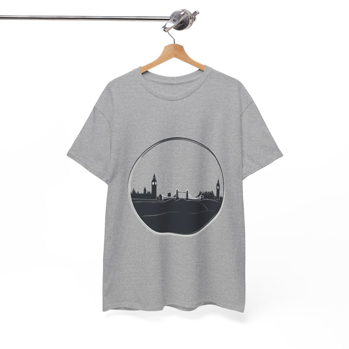 London T-Shirt on a hanger, displaying a sleek skyline design in a circular frame.