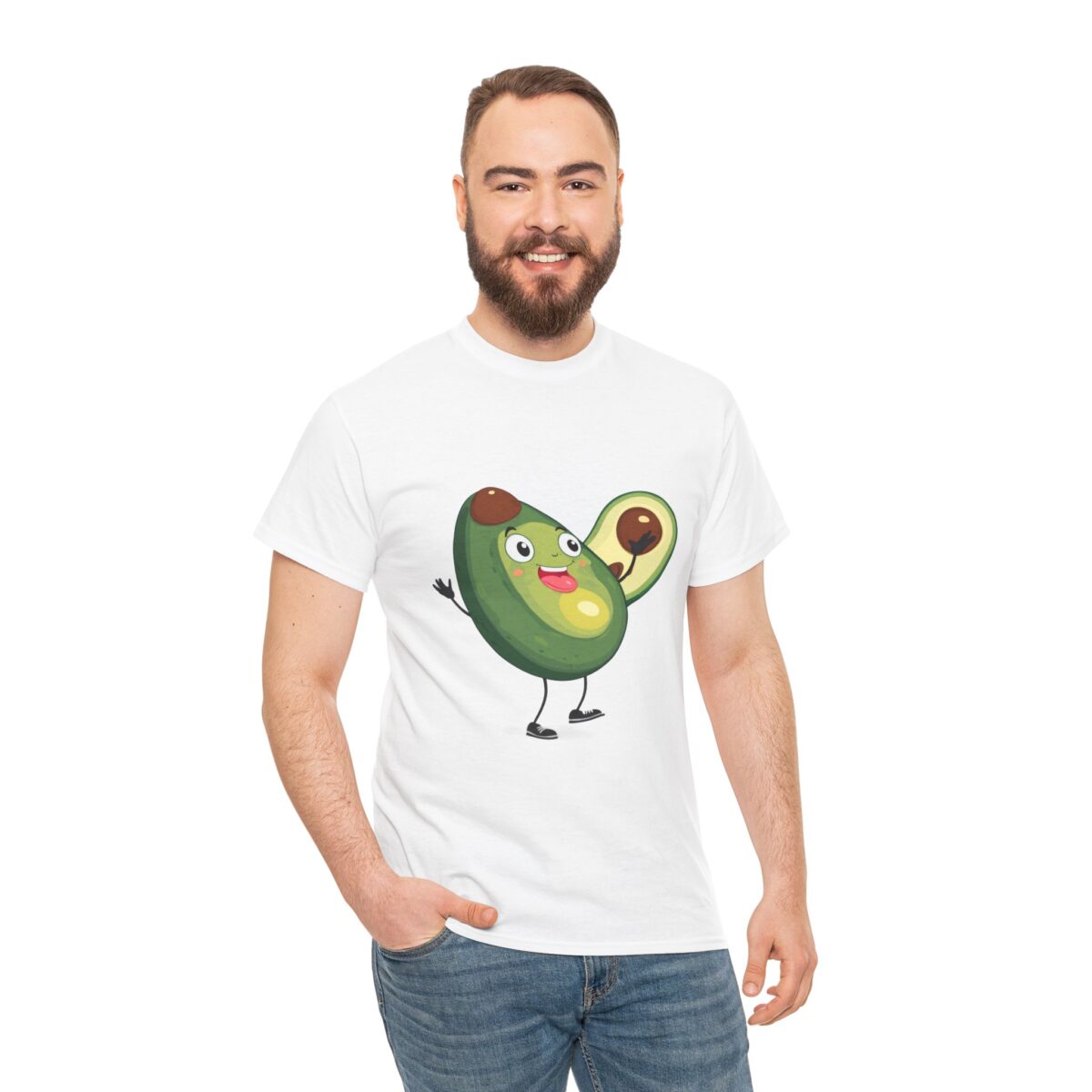 Man wearing a Funny T Shirts Shirts with a smiling avocado graphic design.