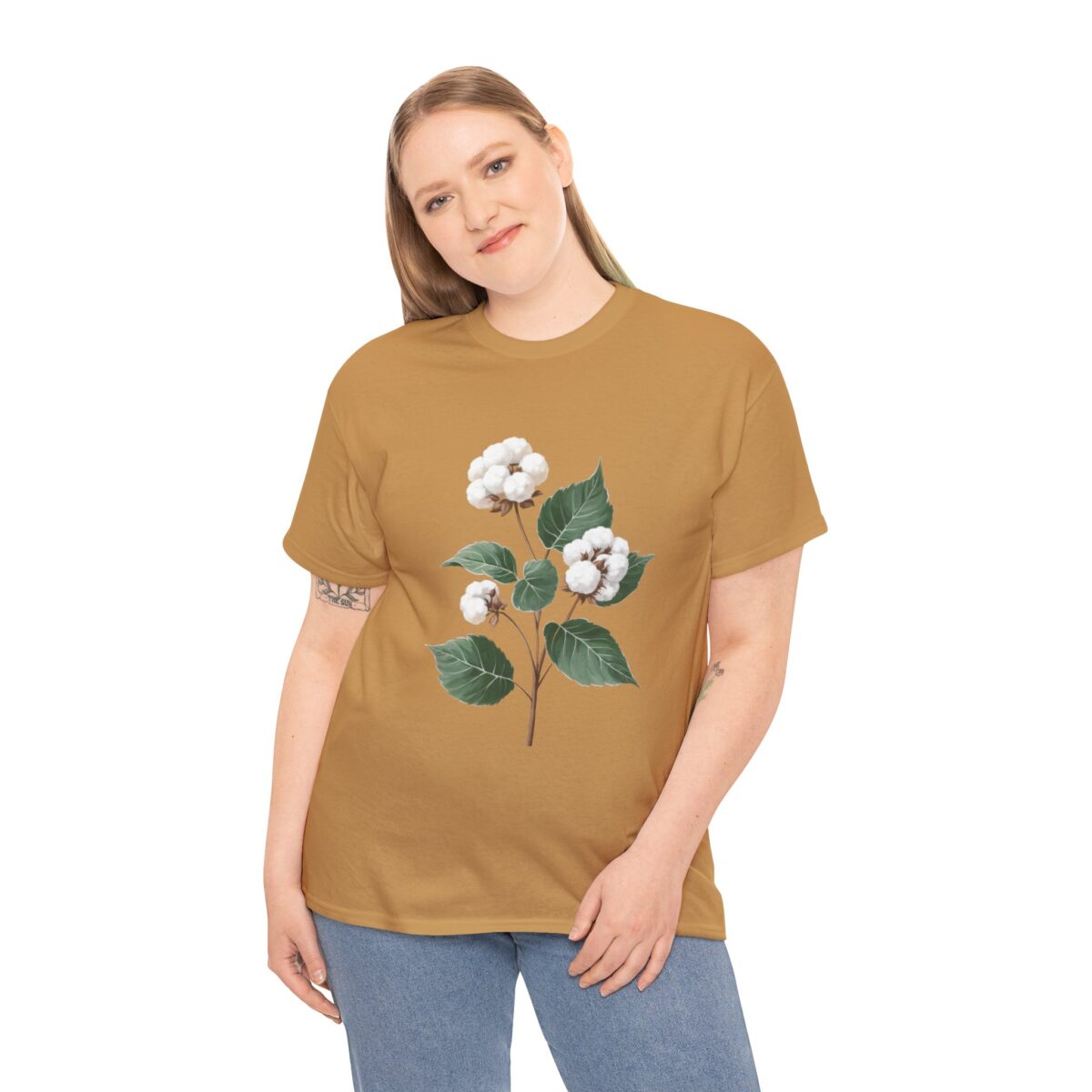 Heavy Cotton T Shirt with floral cotton design worn by a smiling woman