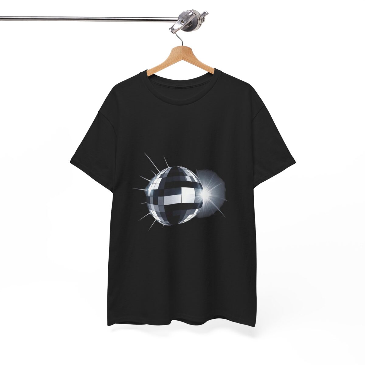 Black Disco T-Shirt with reflective disco ball design hanging on a wooden hanger.