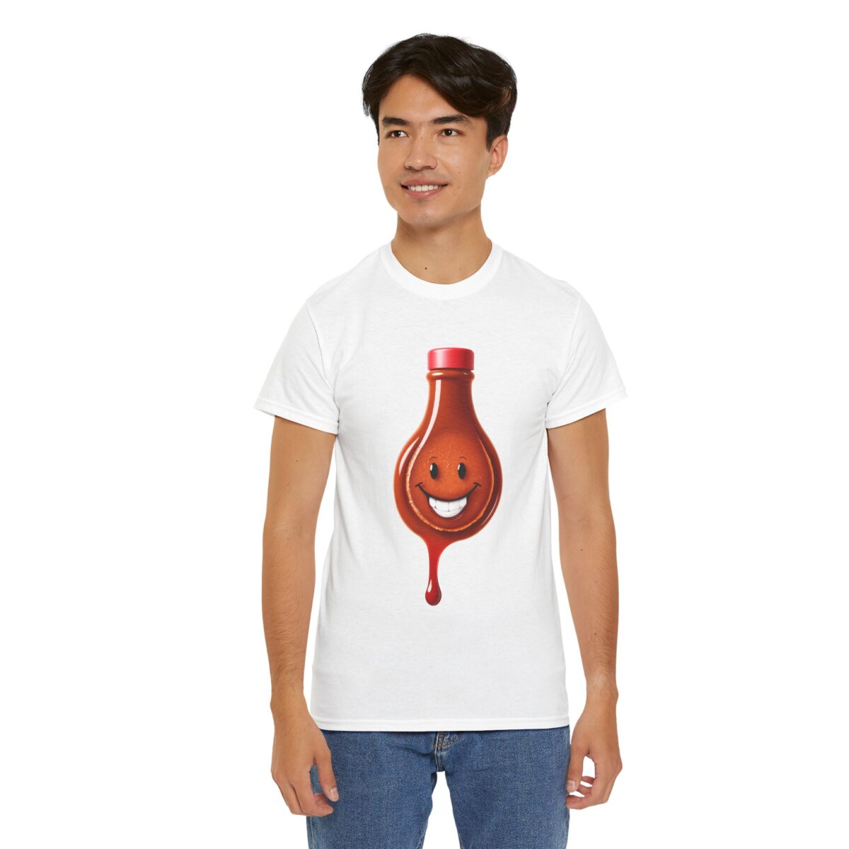 Barbeque Sauce On My White T-Shirt featuring a smiling sauce bottle design worn by a model.