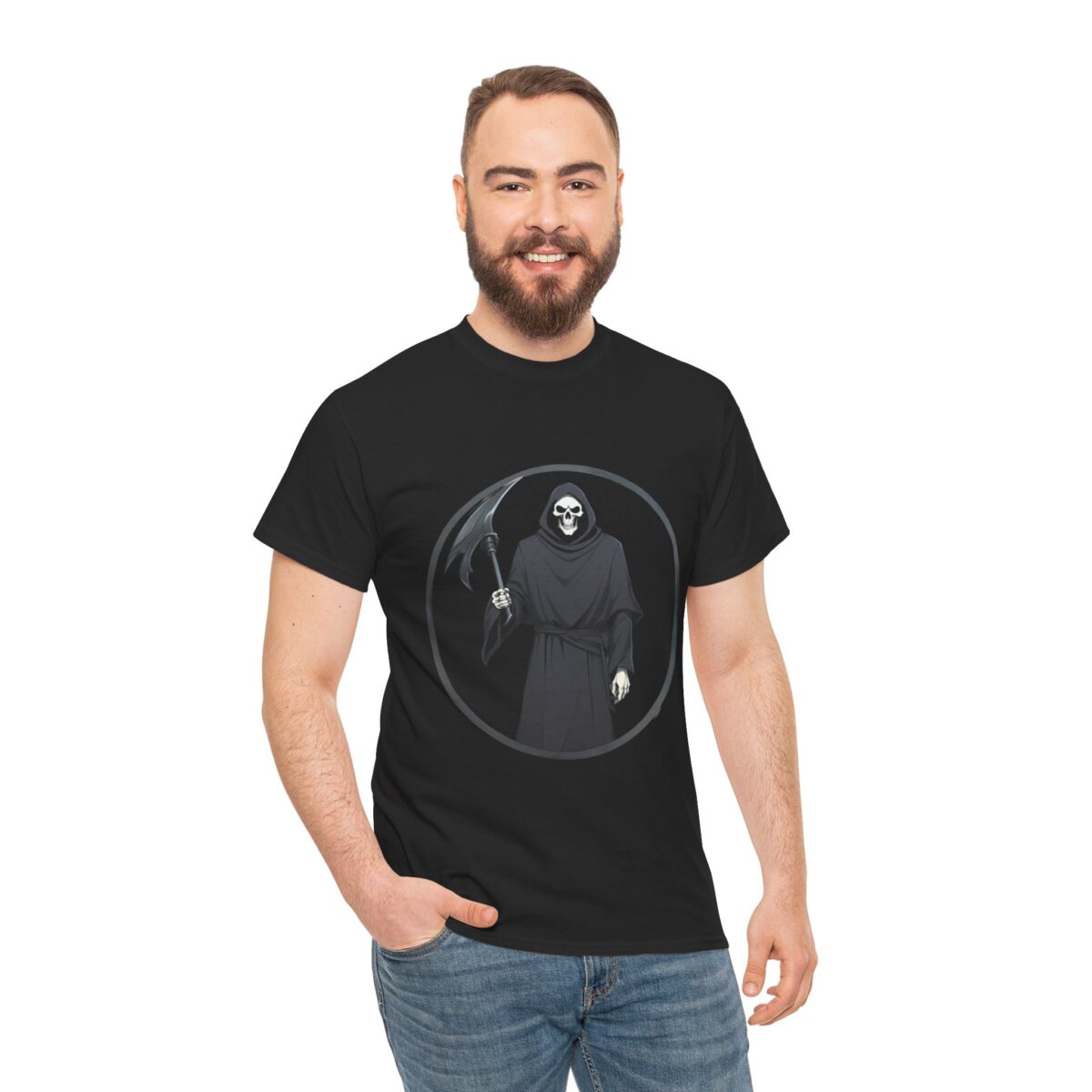 Man wearing the Cool Reaper T Shirt featuring a striking reaper design