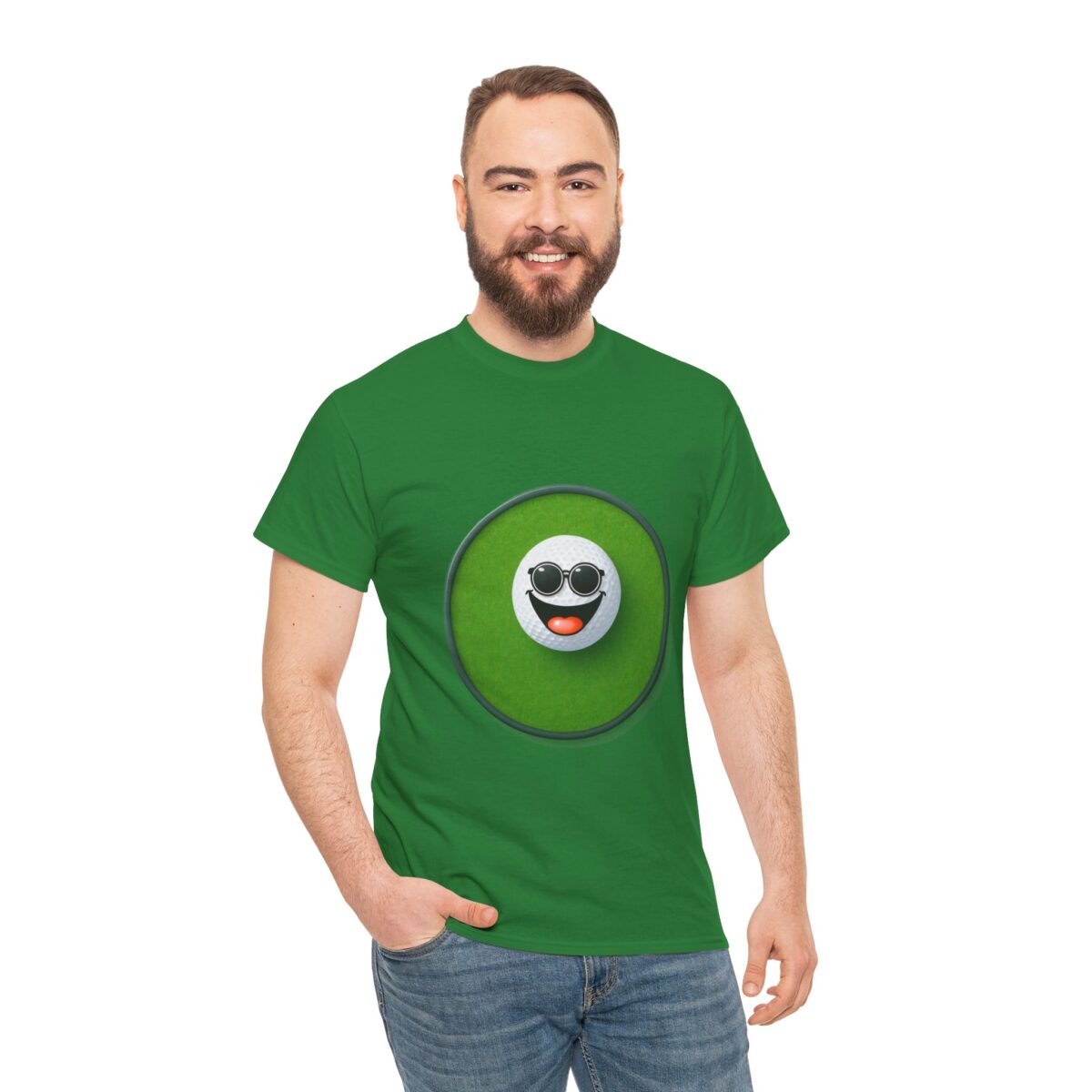 Man wearing a green Golf T Shirt with a smiling golf ball design.