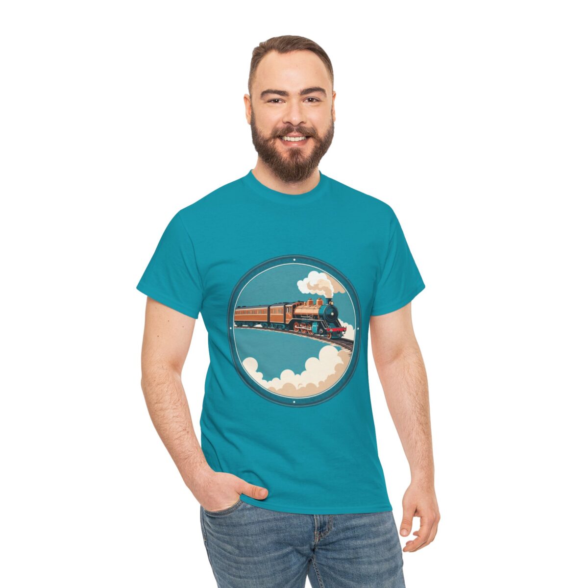 Man wearing a Vintage T Shirt with a retro train design