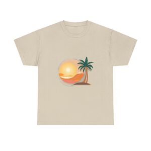 Stylish beige Beach T Shirt with sunset and palm tree graphic.