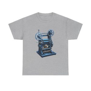 Machine Printer T Shirt featuring a vintage printing machine graphic on a gray background.