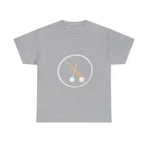 Knit T Shirt featuring a soft knit fabric and circular graphic design in gray.