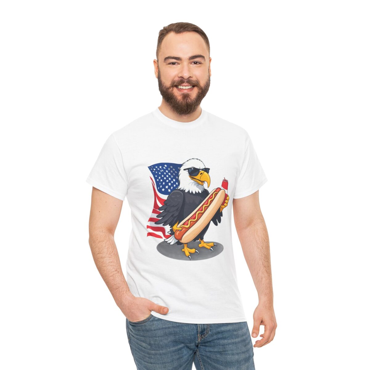 Man wearing a Funny USA T Shirt featuring a bald eagle holding a hot dog and soda.