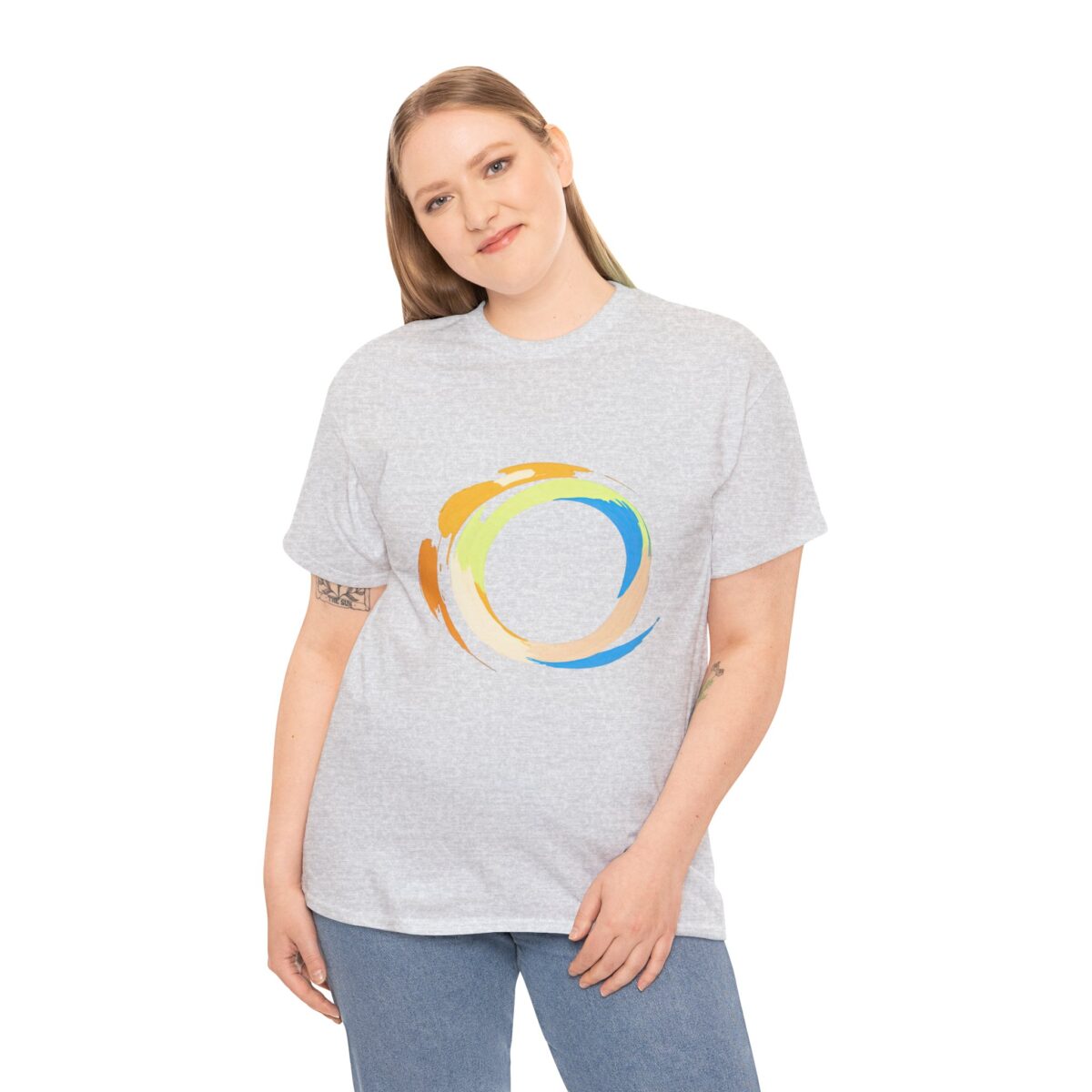 Woman wearing Canvas T Shirt with circular graphic design