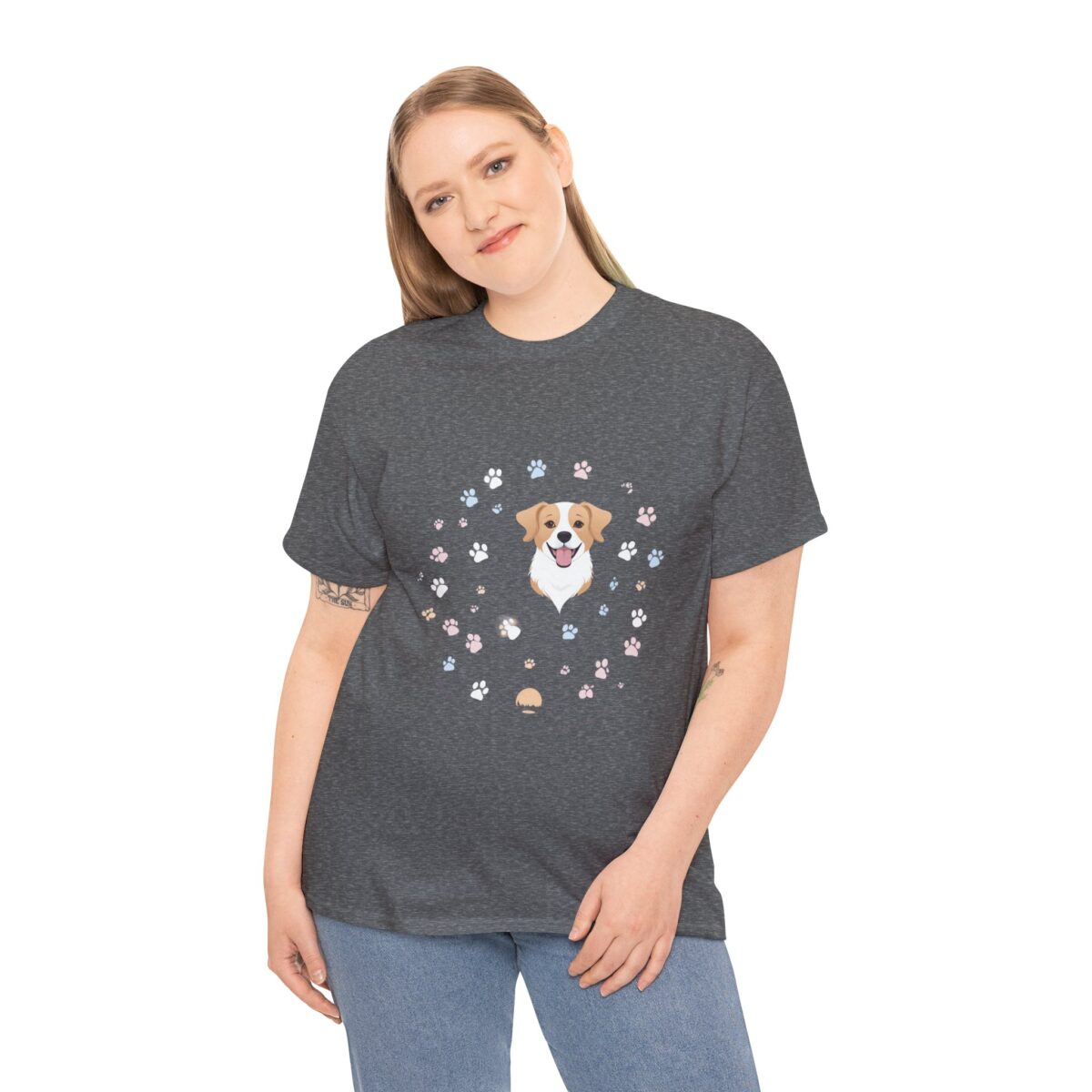 Woman wearing a Custom Pet T Shirt with an adorable pet design and paw prints