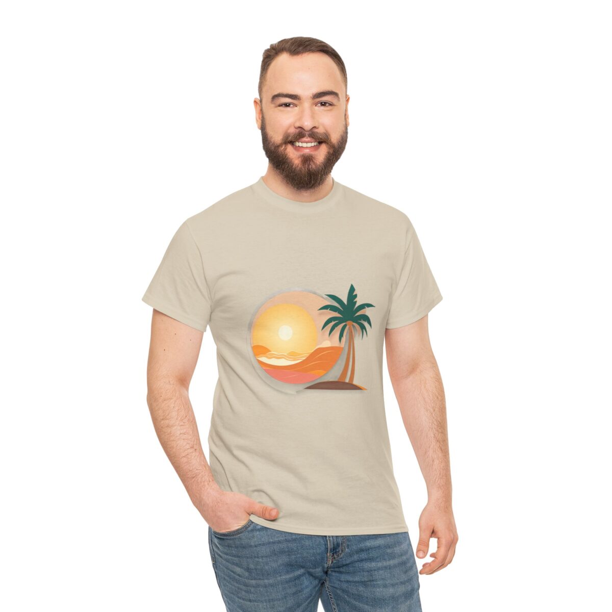 Man wearing a Beach T Shirt with a sunset and palm tree design.