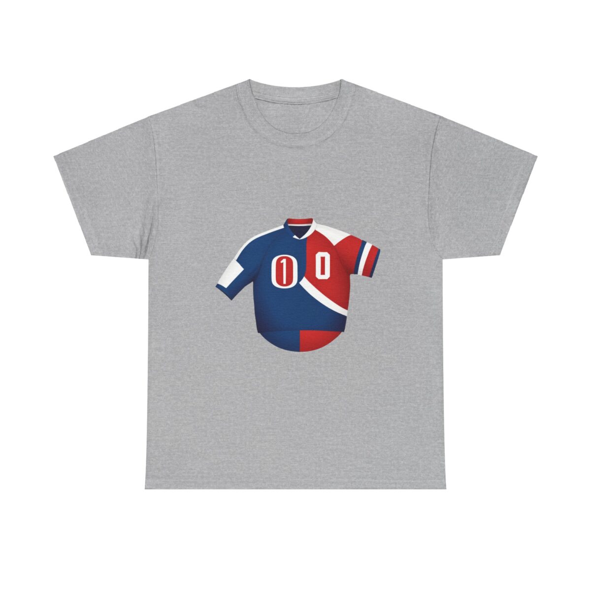 Gray t-shirt with bold graphic jersey design featuring red, blue, and white elements.