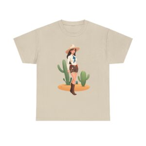 Beige cowgirl t-shirt with Western-themed illustration.