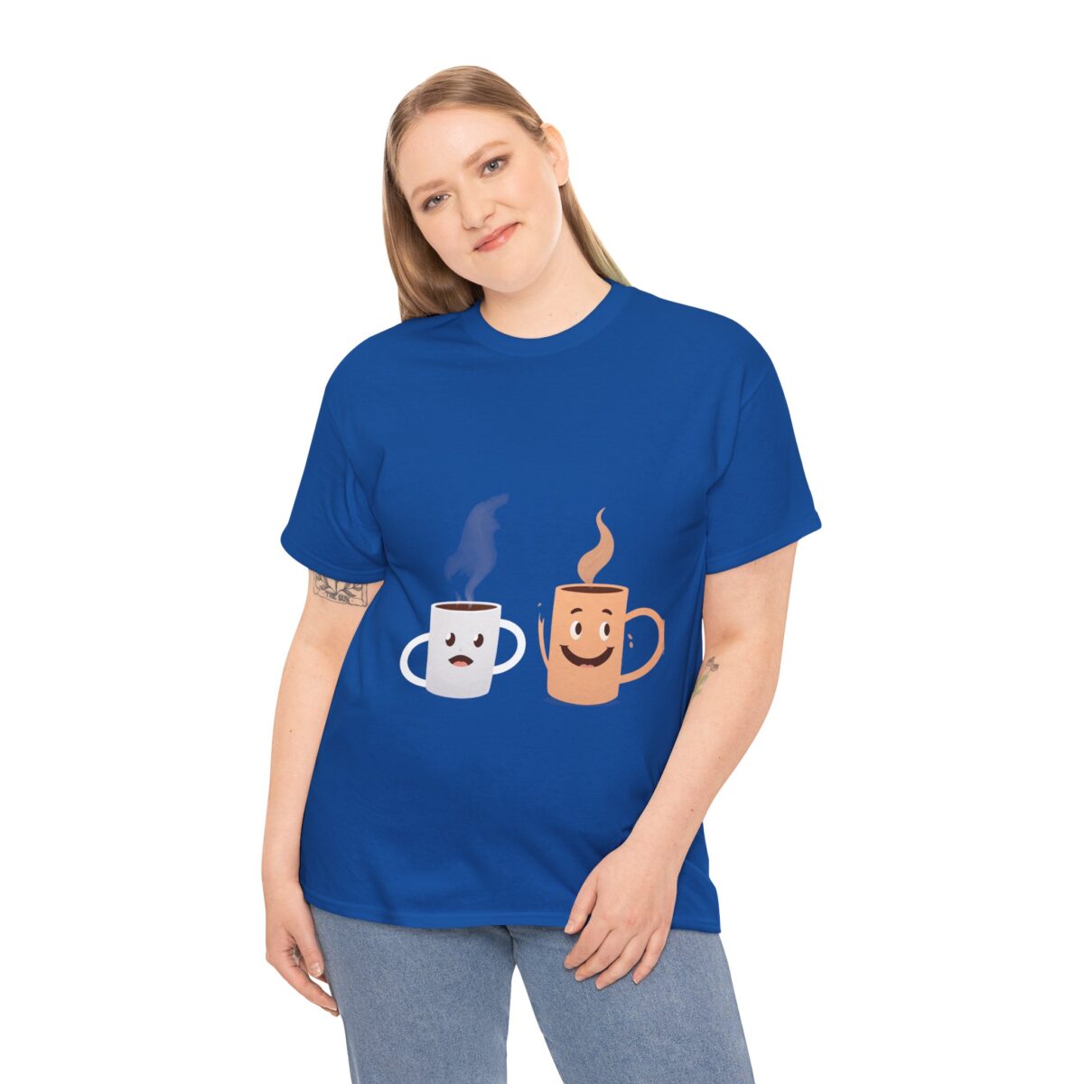 Woman wearing Funny Couple T Shirt​ with coffee mug design