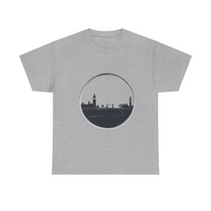 London T-Shirt featuring a circular design of the London skyline with Big Ben and Tower Bridge.